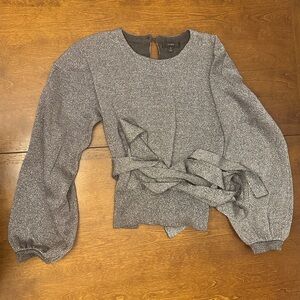 J. Crew Gray Long Sleeve Metallic Tie-Waist Crewneck Sweater